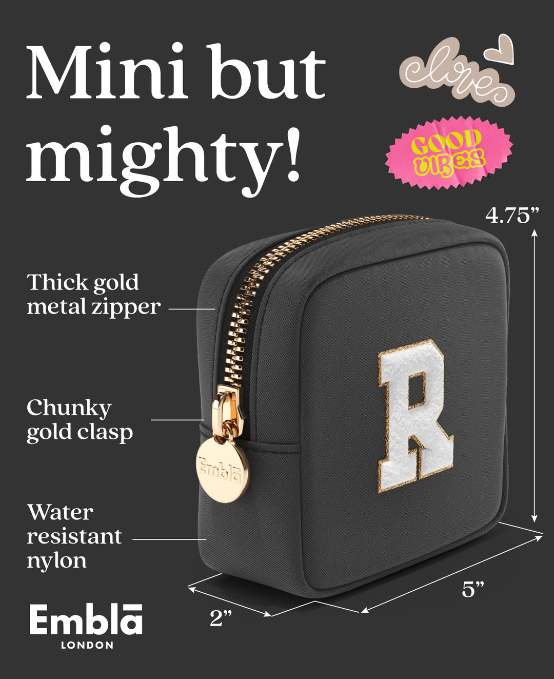 Solid Mini Black Pouch with Chenille Letter R