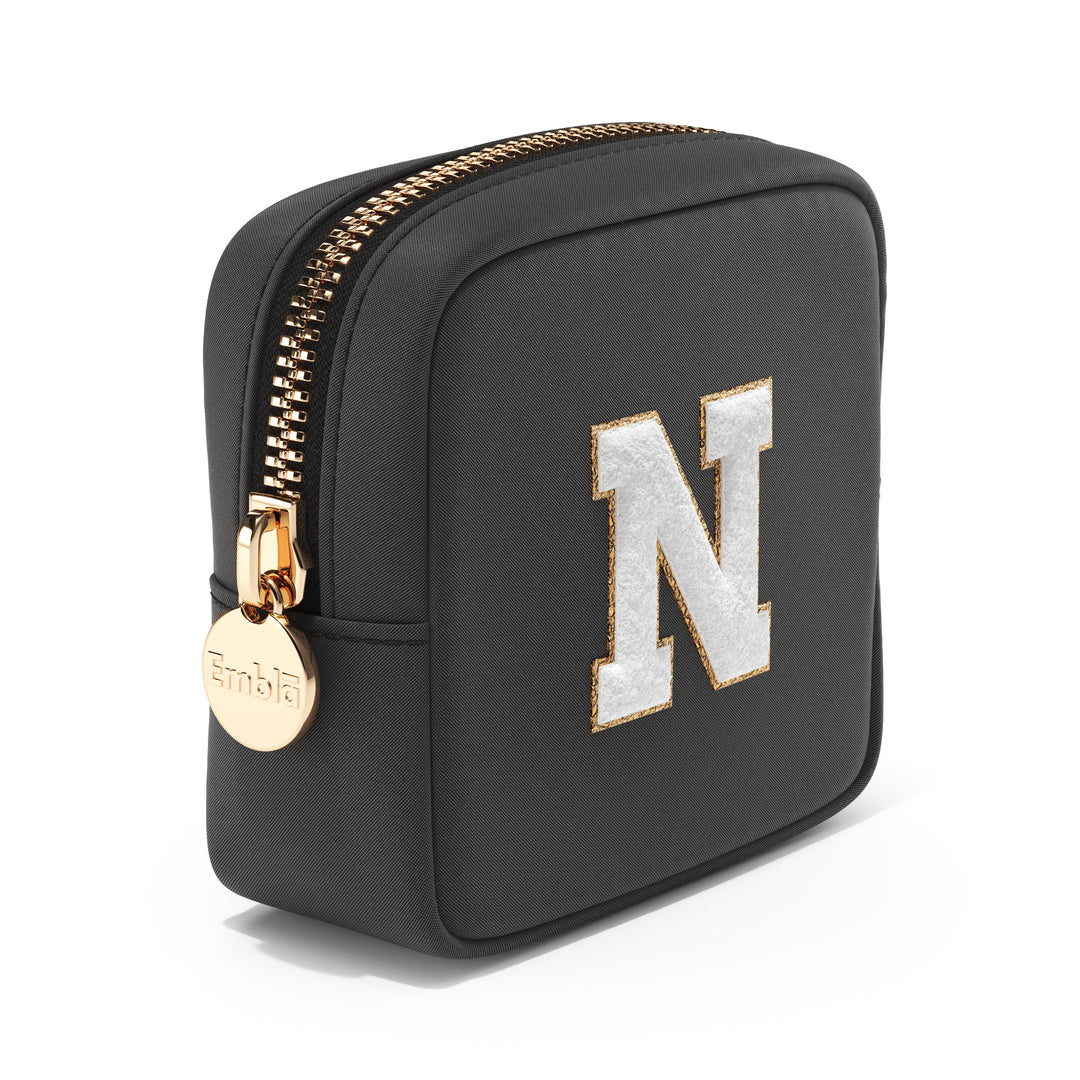 Solid Mini Black Pouch with Chenille Letter N