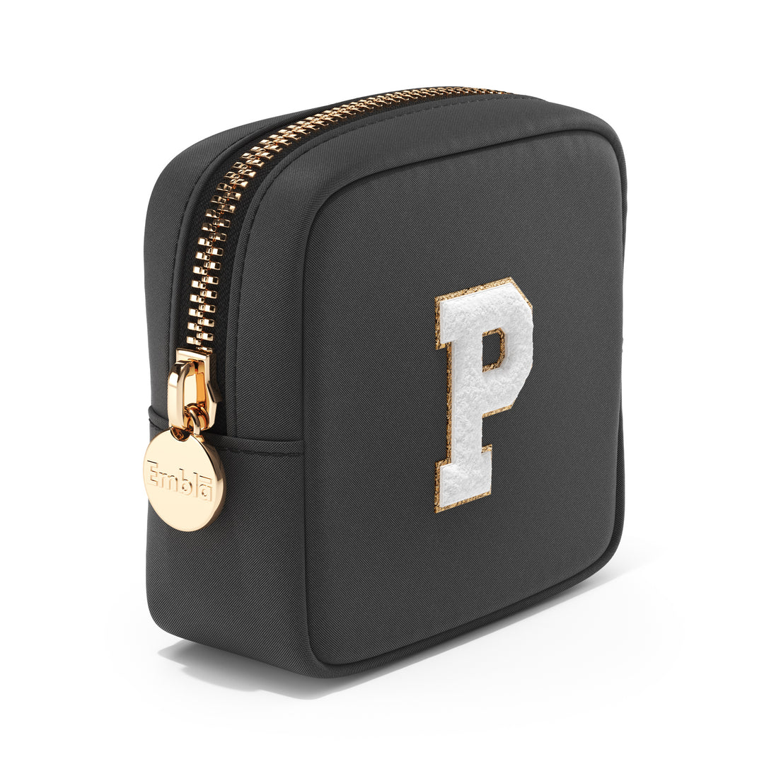 Solid Mini Black Pouch with Chenille Letter P