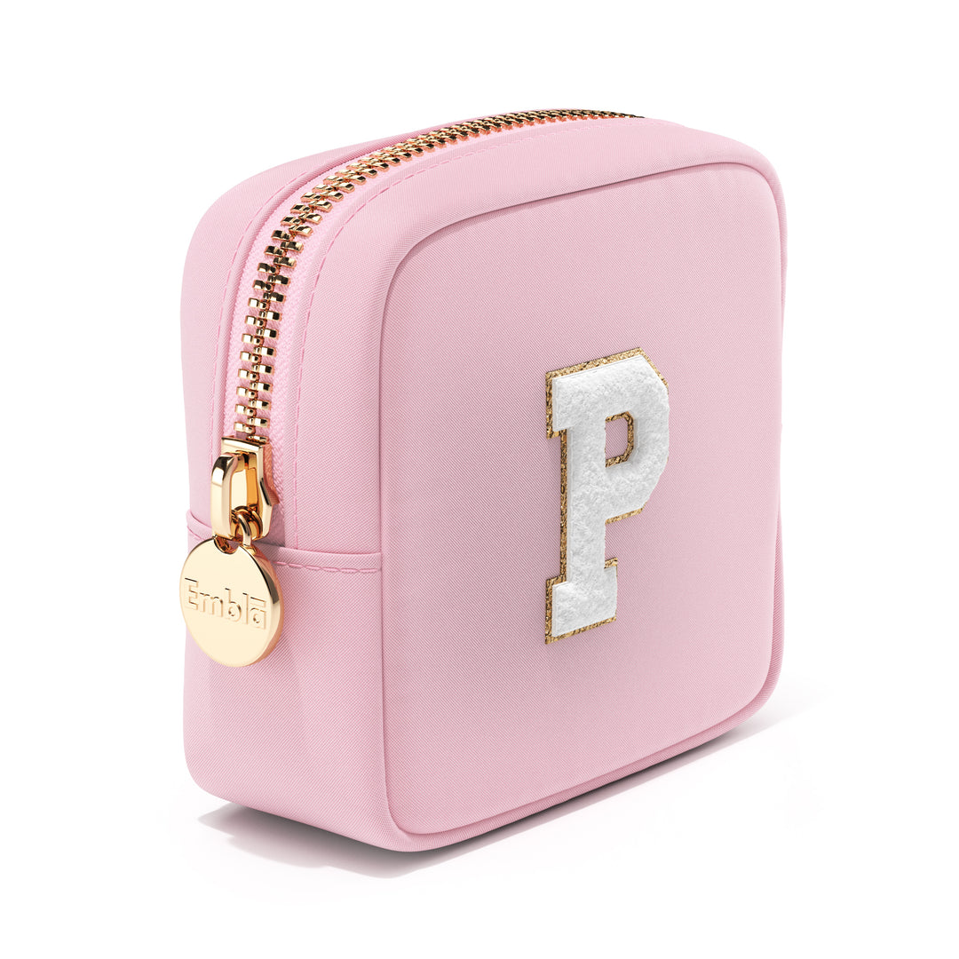 Solid Mini Flamingo Pouch with Chenille Letter P