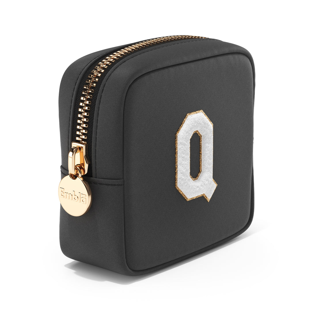 Solid Mini Black Pouch with Chenille Letter Q