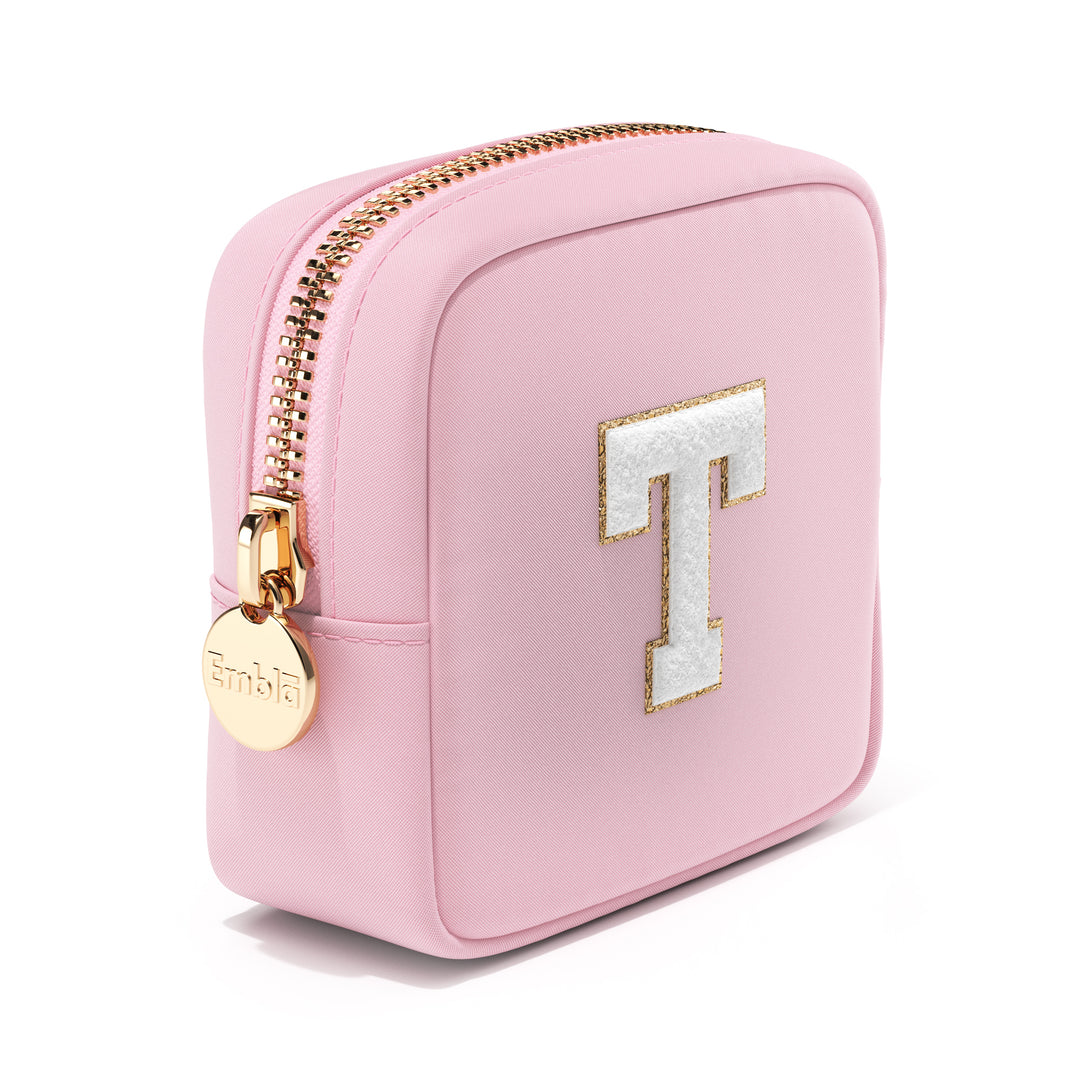 Solid Mini Flamingo Pouch with Chenille Letter T
