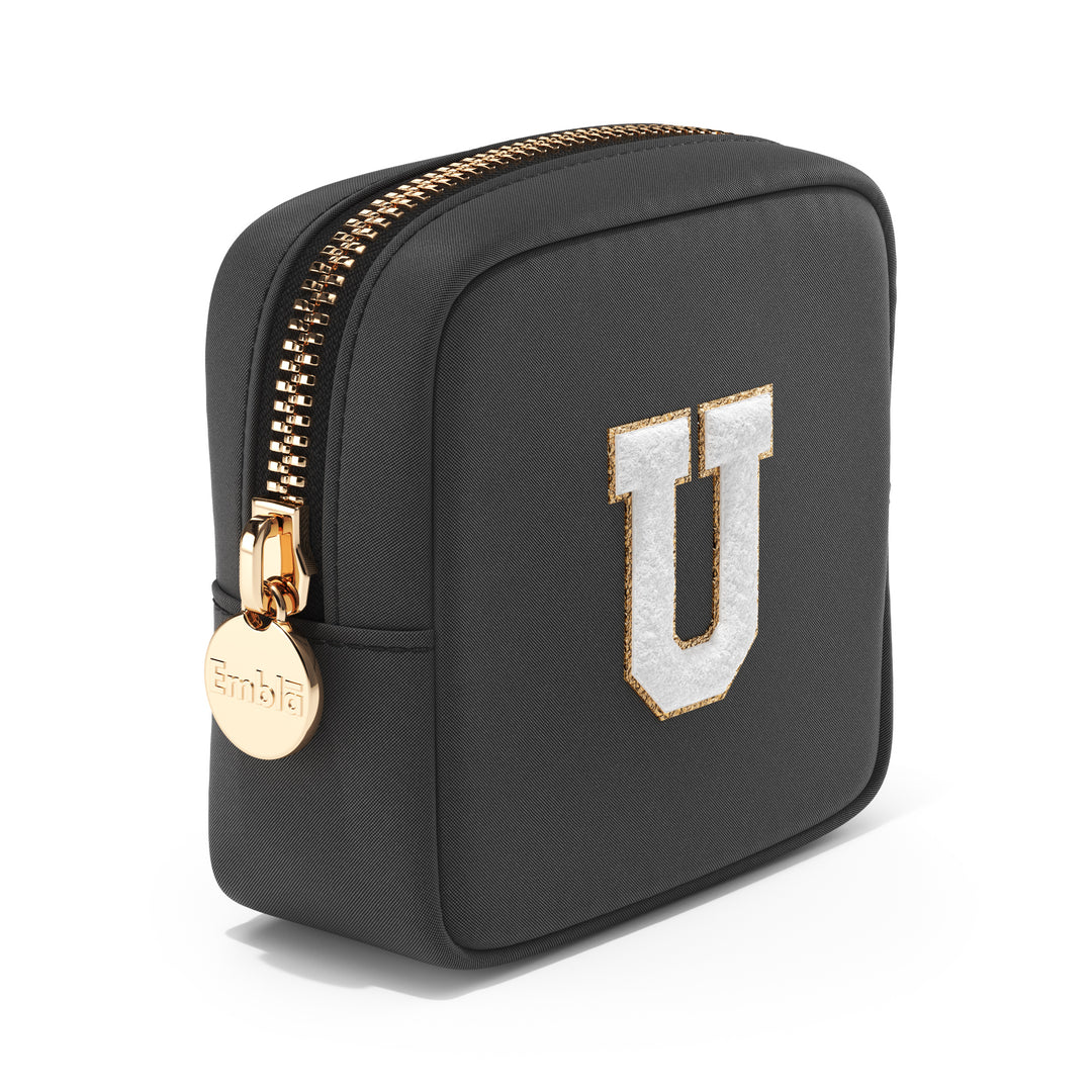 Solid Mini Black Pouch with Chenille Letter U