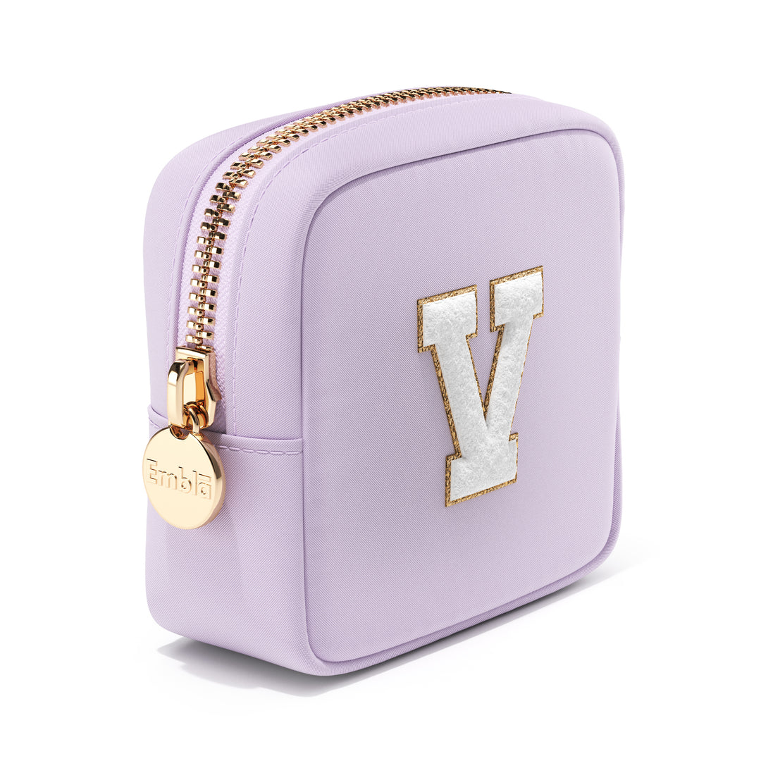 Solid Mini Lilac Pouch with Chenille Letter V