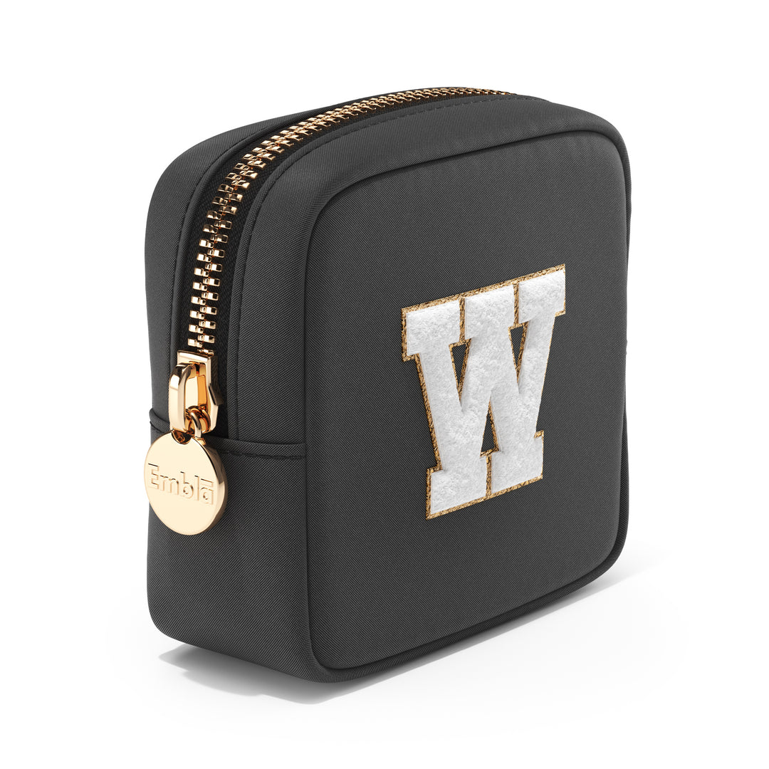 Solid Mini Black Pouch with Chenille Letter W